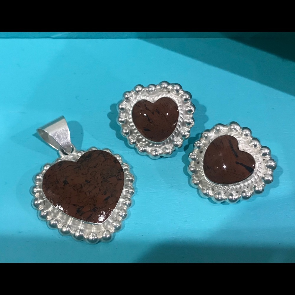 Taxco Brown Jasper Heart Earrings/Pendant Set